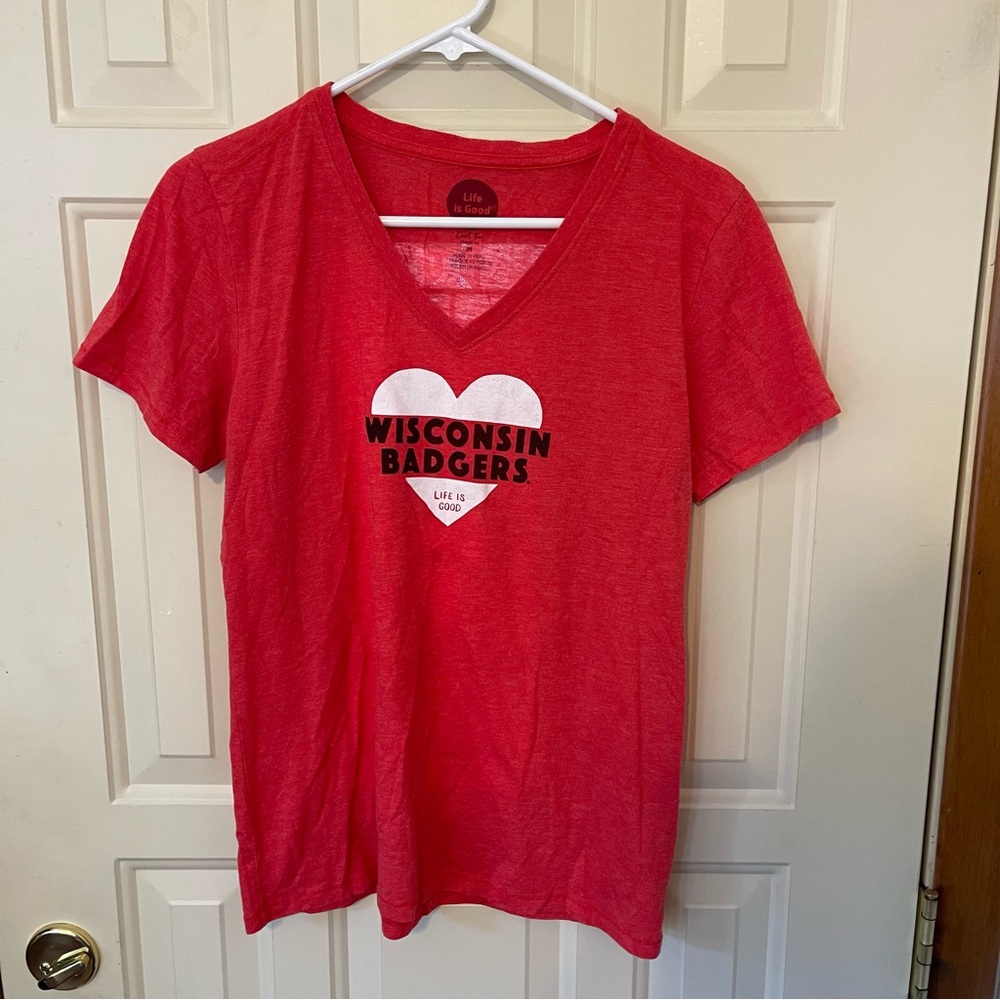 Life is Good Red Wisconsin Badgers V-Neck T-Shirt